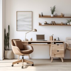 Productive Elegance: Modern Home Office with Wooden Desk and Chair Against a White Wall � Scandinavian Interior Design Creates a Comfortable Workplace in the Living Room
