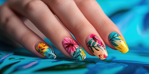 Colorful painted nails with an intricate design for manicure concept - obrazy, fototapety, plakaty