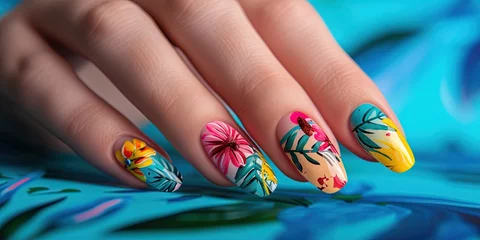  Colorful painted nails with an intricate design for manicure concept © Brian