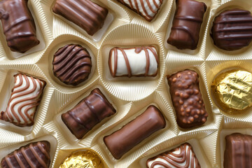 Assorted elegant chocolates in a gold container - full frame background, chocolate bon bons truffles candy