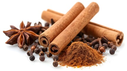 Close up Cinnamon stick and different variation of spices isolated on white background. ground spice, star anise, clove. Flat lay, front view, food design, with copy space. mockup. 