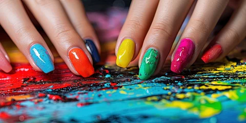 Tuinposter Colorful painted nails with an intricate design for manicure concept © Brian