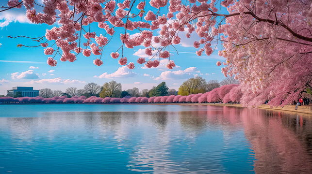 Cherry Blossoms In Full Bloom Overhang A Tranquil Lake Reflecting The Clear Blue Sky, Offering