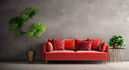 Vibrant Elegance: Modern Interior Design of Apartment Living Room with Red Sofa Against Stucco Wall � Home Interior Enhanced with a Touch of Nature