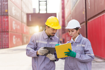 Smart and good looking Asian male and female container yard officers making a handshake together. Team of logistic engineer is working at the container yard.