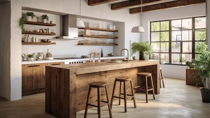 Rustic Modernity: Interior Design of Kitchen with Solid Wood Island and Rustic Stools � Blending Elegance with Natural Charm