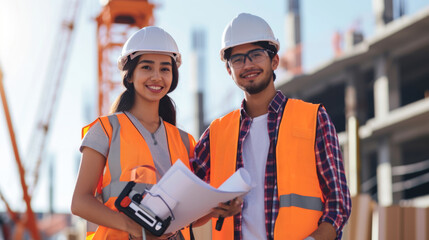 two young construction workers are smiling at the camera