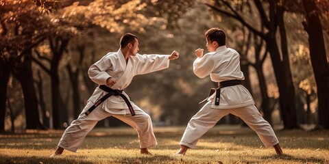 Karate concept with black belt fighter wearing gi in fighting positioon