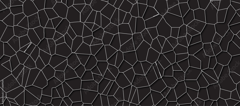 Poster black color broken stained-glass background with white lines. voronoi diagram background. seamless p