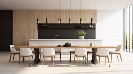 Sleek Sophistication: Modern Minimalist Interior Design of a Luxury Kitchen, Dining Table, and Chairs - Contemporary Elegance