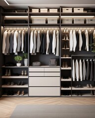 Sleek Wardrobe Haven: Modern Minimalist Men's Walk-In Closet with Ample Storage, Hanging Rods, Shelves, and Drawers - Luxury Interior Design for Organized Elegance
