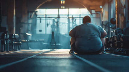 The fat man was sitting on the floor of the gym, dejected and exhausted. - obrazy, fototapety, plakaty