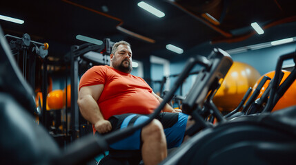 A fat man hard exercising with weights in a gym, fitness for good healt, surrounded by people and fitness equipment