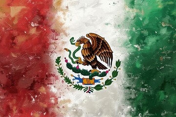 Mexican flag with the national coat of arms, paint texture with scratches and abrasions