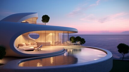 Modern minimalist round and curved shaped luxury house. Villa with terrace on sea shore at sunset - obrazy, fototapety, plakaty
