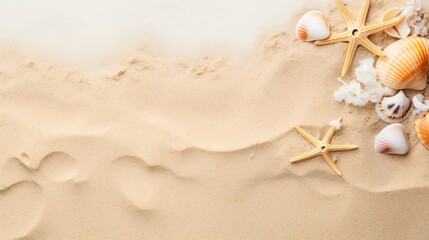 Fototapeta na wymiar Golden sand with the sea on the background Snail and cockleshell on a sandy background. Summer concept Sea shell on beach