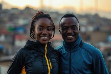 Happy Athletic Couple Posing at Sunset. Smiling athletic couple in sportswear posing together with a blurred urban background during sunset.

 
