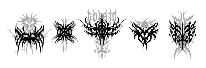 Neo tribal gothic tattoo set, ethnic y2k vector ornament, black symmetry rock music cover print. Cyber futuristic graphic elements, Celtic wings, abstract acid sign, metal art. Neo tribal clipart