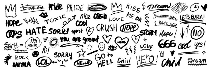 Doodle word scribble set, vector hand drawn sketch icon, messy handwriting lettering collection. Pencil ink wall inscription comic emotion sign, heart, stars, emphasis elements. Simple doodle word