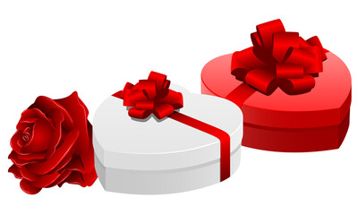 Red white heart gift boxes with red rose and ribbon bow, PNG isolated on transparent background