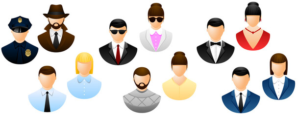 Police and detective, evening dress tuxedo, office manager, business person PNG user web icons isolated on transparent background