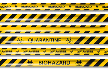 PNG biohazard danger yellow black seamless tape set isolated on transparent background. Safety fencing ribbon. Quarantine flu. Warning danger influenza hazard. Global pandemic coronavirus - obrazy, fototapety, plakaty
