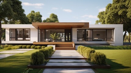 Fototapeta na wymiar Modern ranch style minimalist cubic house with terrace and landscaping design front yard. Residential architecture exterior