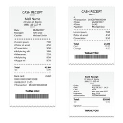 Cash register sale receipt printed on thermal rolled paper. Realistic image collection isolated on transparent background. Financial atm transaction check icon PNG illustration.