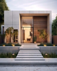 Minimalist Marvel: Modern Small Cubic House with Wooden Cladding and Concrete Walls � Residential Architecture Exterior with Thoughtful Landscaping Design in the Front Yard