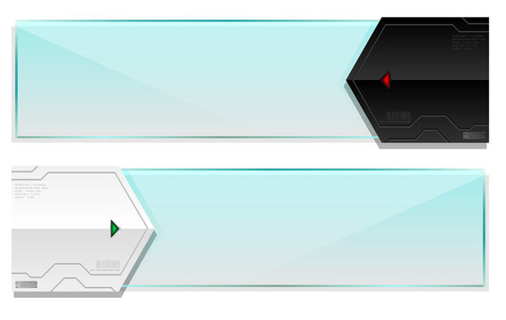 High-tech futuristic banner set with glass plate. Cyber technology horizontal information window. Glossy hi-tech element. Tech glass plate banner. PNG glass banner. Futuristic menu bar
