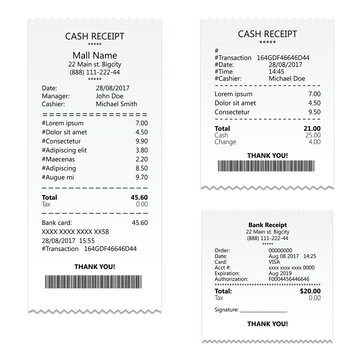Cash register sale receipt printed on thermal rolled paper. Realistic image collection isolated on transparent background. Financial atm transaction check icon PNG illustration.