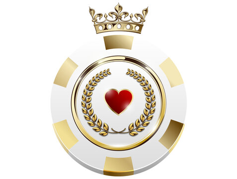 VIP poker luxury white and golden chip PNG casino logo concept. Royal poker club emblem with crown, laurel wreath and heart on transparent background