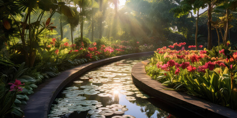 Tranquil Pathway to Blooming Gardens: A Peaceful Walk through Colorful Flowerbeds, Refreshing Water Pond, and Serene Stone Bridge