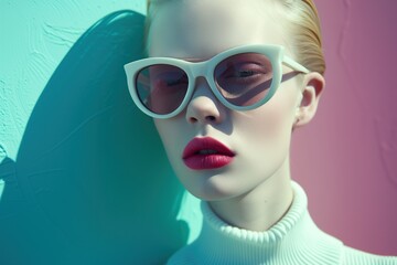 Scandinavian Female Model with Short Blonde Hair: White Sunglasses, Pink Lipstick, Leans Against Blue and Purple Pastel Wall, Natural Sunlight and Shadows
