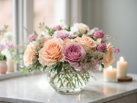 High Key Elegance: Flowers in Front of Window with Copyspace - Stock Photo

