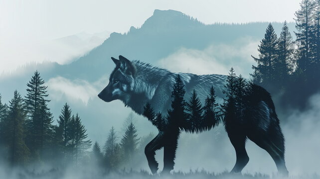 Giant wolf spirit in double exposure of forest misty mountains. Guardian of nature concept	

