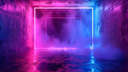 Studio room with smoke float up with Rays neon light figures. for display products. copy space. mockup.