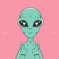Cute alien makes finger mini heart gesture. Poster for Valentine's day. Retro style.