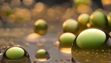 green golden sphere objects on the water surface, abstract background