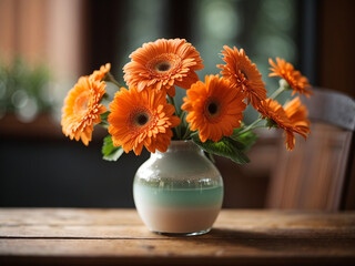 Gerbera in Vase on Old Wooden Table - Stock Photo

