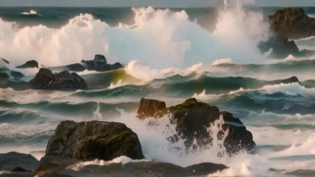waves hitting rocks in slow motion