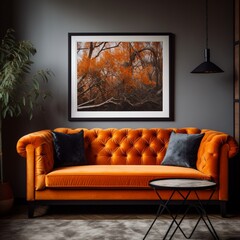 Tangerine Elegance: Orange Tufted Velvet Sofa and Art Frame on the Wall � Interior Design Splendor in Modern Living Room