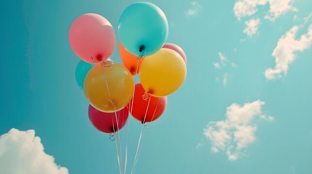 Colorful Fliying Balloons against the blue sky rise up. celebrate, success.	