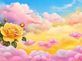 yellow rose on pink cloudy sky background