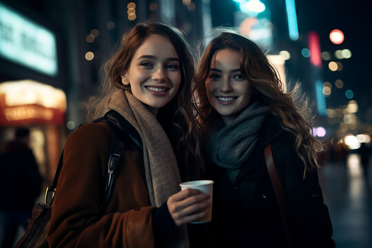 AI generated photo of beautiful happy girls walking together in the city park