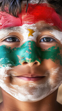 close-up, portrait of a boy painted on his face, Mexican flag, brush strokes of green, white, orange, red