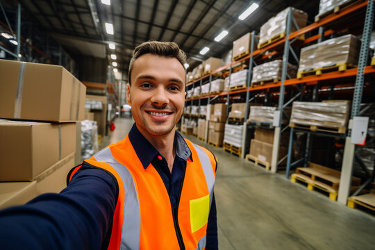 Created with generative ai image of professional worker in warehouse among paper boxes parcels