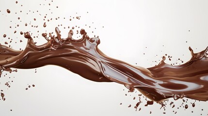 Realistic creamy chocolate long wave liquid, splashing droplets in long flow, Choco syrup or cocoa drink, dark brown, isolated on white background. copy space, mockup. - obrazy, fototapety, plakaty