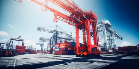 Fototapeta na wymiar Industrial cranes lifting and moving heavy materials in a dockyard. Generative Ai
