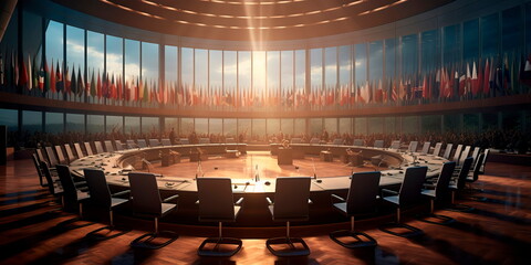 conference room filled with world leaders engaged in high-level economic negotiations. Generative Ai